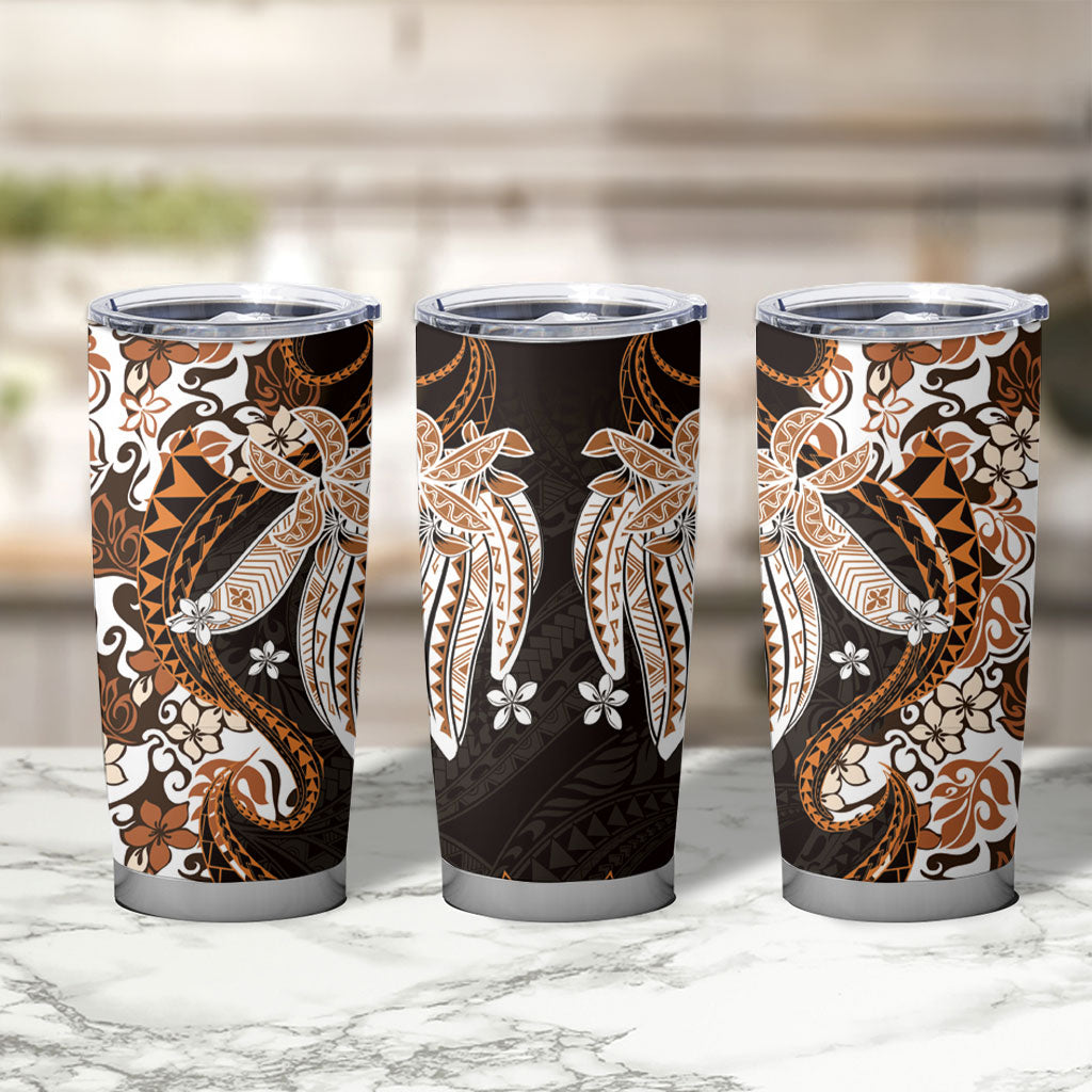 Monstera Plumeria Flowers Orange Tumbler Cup Polynesian Pattern