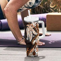 Monstera Plumeria Flowers Orange Tumbler With Handle Polynesian Pattern