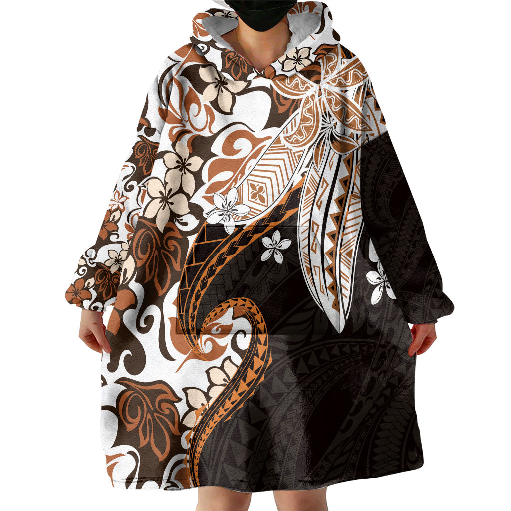 Monstera Plumeria Flowers Orange Wearable Blanket Hoodie Polynesian Pattern
