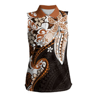 Monstera Plumeria Flowers Orange Women Sleeveless Polo Shirt Polynesian Pattern