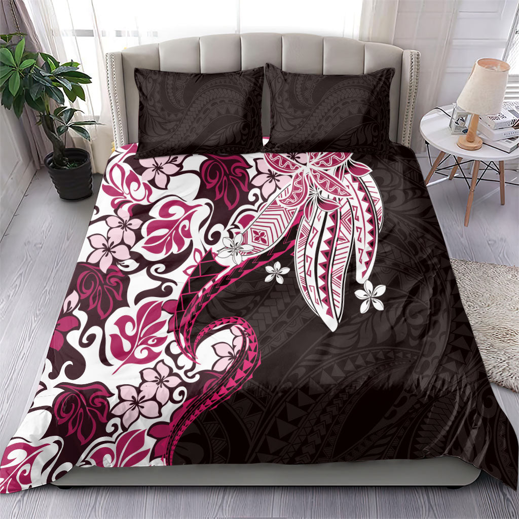 Monstera Plumeria Flowers Pink Bedding Set Polynesian Pattern