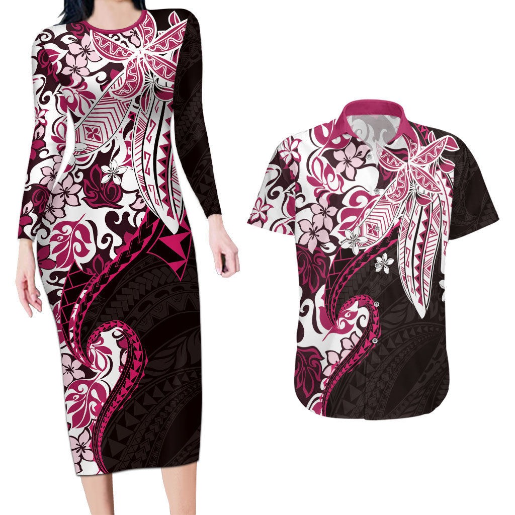 Monstera Plumeria Flowers Pink Couples Matching Long Sleeve Bodycon Dress and Hawaiian Shirt Polynesian Pattern LT01 Pink - Polynesian Pride