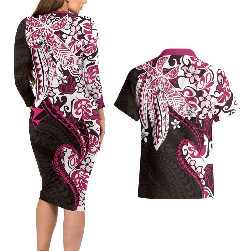 Monstera Plumeria Flowers Pink Couples Matching Long Sleeve Bodycon Dress and Hawaiian Shirt Polynesian Pattern LT01 - Polynesian Pride