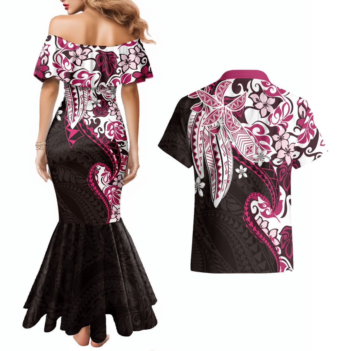 Monstera Plumeria Flowers Pink Couples Matching Mermaid Dress and Hawaiian Shirt Polynesian Pattern