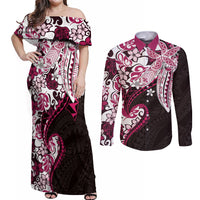 Monstera Plumeria Flowers Pink Couples Matching Off Shoulder Maxi Dress and Long Sleeve Button Shirt Polynesian Pattern