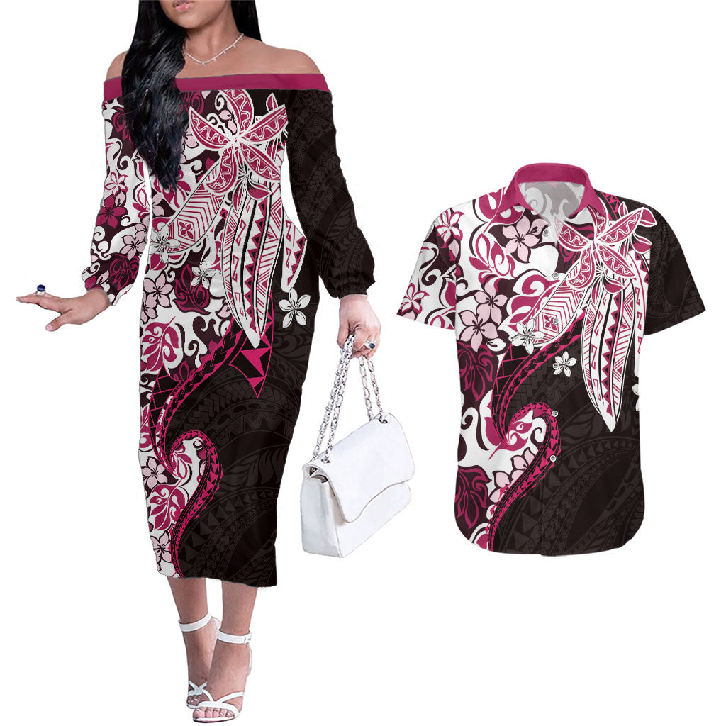 Monstera Plumeria Flowers Pink Couples Matching Off The Shoulder Long Sleeve Dress and Hawaiian Shirt Polynesian Pattern