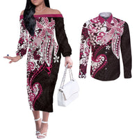 Monstera Plumeria Flowers Pink Couples Matching Off The Shoulder Long Sleeve Dress and Long Sleeve Button Shirt Polynesian Pattern