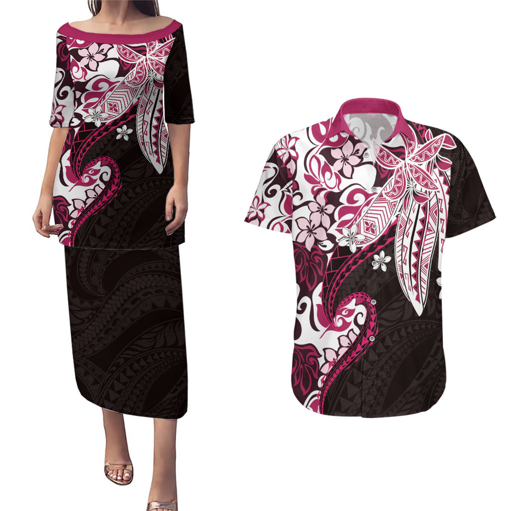 Monstera Plumeria Flowers Pink Couples Matching Puletasi and Hawaiian Shirt Polynesian Pattern LT01 Pink - Polynesian Pride