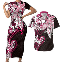 Monstera Plumeria Flowers Pink Couples Matching Short Sleeve Bodycon Dress and Hawaiian Shirt Polynesian Pattern LT01 Pink - Polynesian Pride