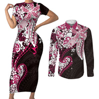 Monstera Plumeria Flowers Pink Couples Matching Short Sleeve Bodycon Dress and Long Sleeve Button Shirt Polynesian Pattern