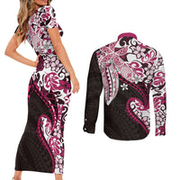 Monstera Plumeria Flowers Pink Couples Matching Short Sleeve Bodycon Dress and Long Sleeve Button Shirt Polynesian Pattern