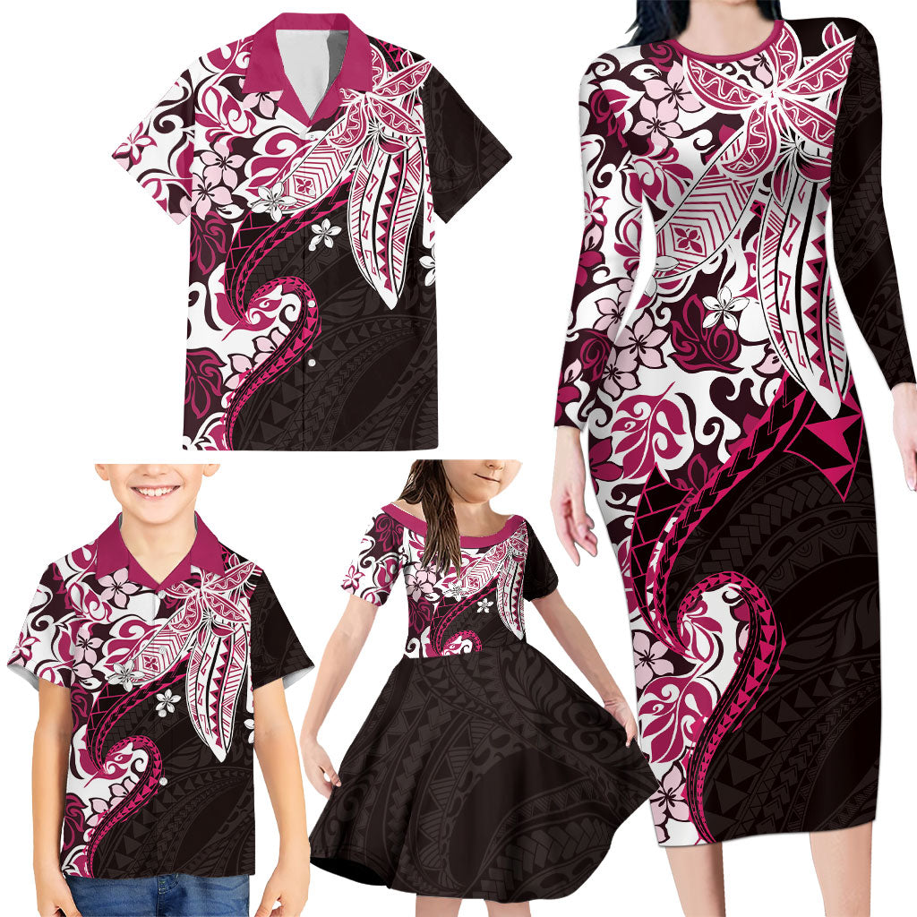 Monstera Plumeria Flowers Pink Family Matching Long Sleeve Bodycon Dress and Hawaiian Shirt Polynesian Pattern LT01 - Polynesian Pride