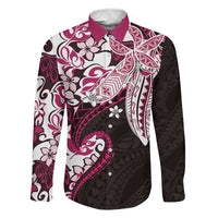 Monstera Plumeria Flowers Pink Family Matching Mermaid Dress and Hawaiian Shirt Polynesian Pattern LT01 Dad's Shirt - Long Sleeve Pink - Polynesian Pride