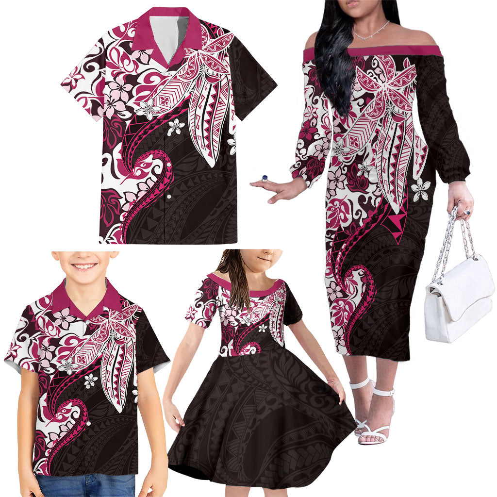 Monstera Plumeria Flowers Pink Family Matching Off The Shoulder Long Sleeve Dress and Hawaiian Shirt Polynesian Pattern LT01 - Polynesian Pride