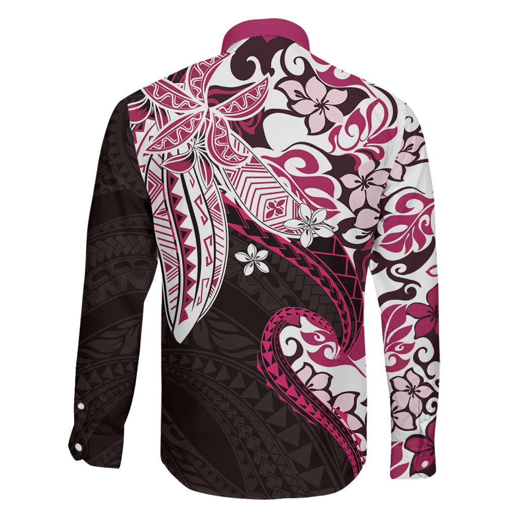 Monstera Plumeria Flowers Pink Family Matching Off The Shoulder Long Sleeve Dress and Hawaiian Shirt Polynesian Pattern LT01 - Polynesian Pride