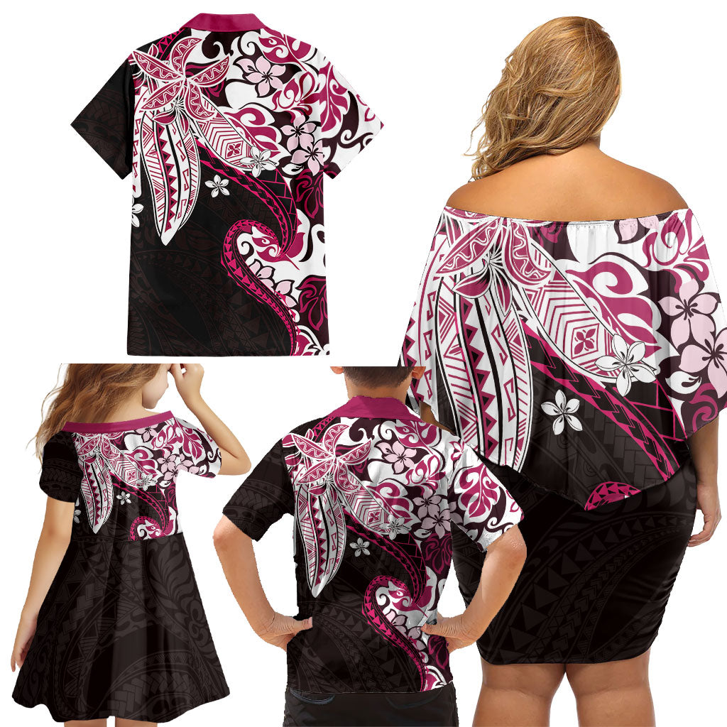 Monstera Plumeria Flowers Pink Family Matching Off Shoulder Short Dress and Hawaiian Shirt Polynesian Pattern LT01 - Polynesian Pride