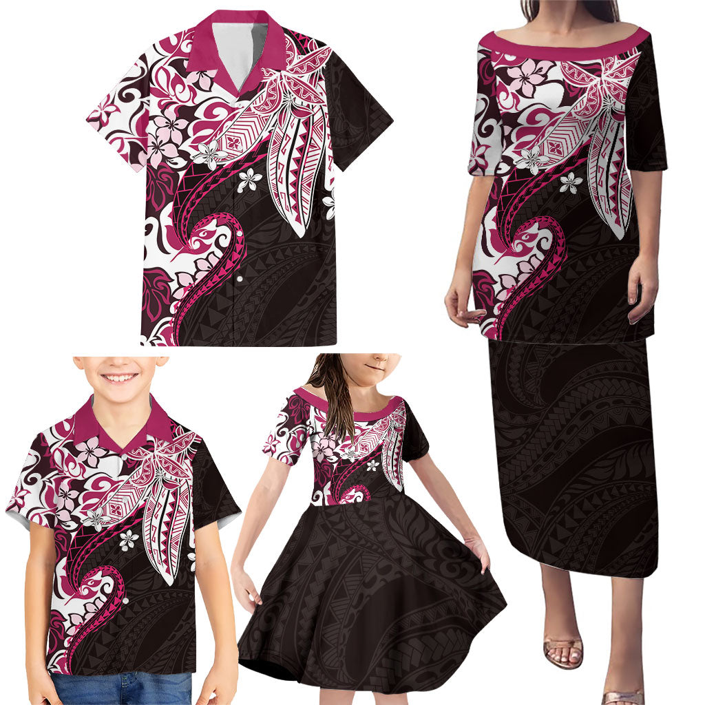 Monstera Plumeria Flowers Pink Family Matching Puletasi and Hawaiian Shirt Polynesian Pattern LT01 - Polynesian Pride