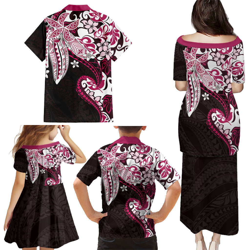 Monstera Plumeria Flowers Pink Family Matching Puletasi and Hawaiian Shirt Polynesian Pattern LT01 - Polynesian Pride