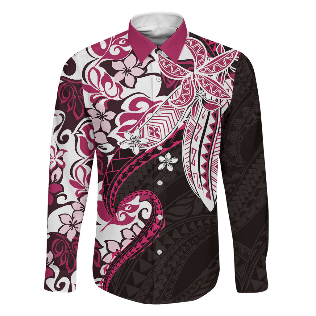 Monstera Plumeria Flowers Pink Family Matching Puletasi and Hawaiian Shirt Polynesian Pattern LT01 Dad's Shirt - Long Sleeve Pink - Polynesian Pride
