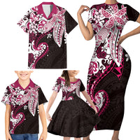 Monstera Plumeria Flowers Pink Family Matching Short Sleeve Bodycon Dress and Hawaiian Shirt Polynesian Pattern LT01 - Polynesian Pride