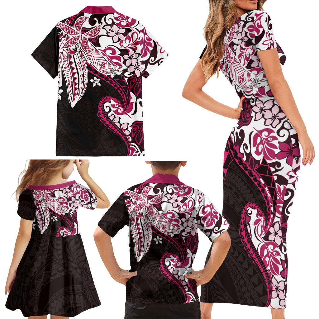 Monstera Plumeria Flowers Pink Family Matching Short Sleeve Bodycon Dress and Hawaiian Shirt Polynesian Pattern LT01 - Polynesian Pride