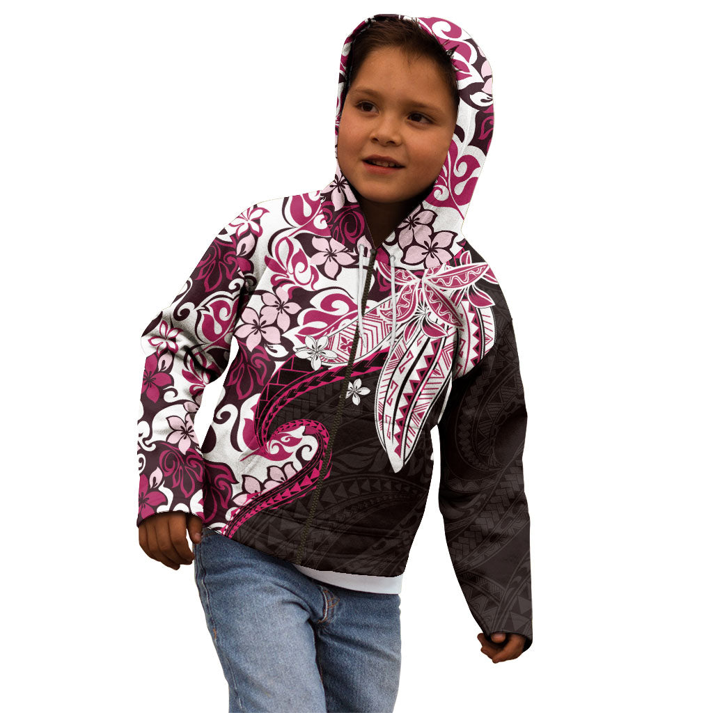 Monstera Plumeria Flowers Pink Kid Hoodie Polynesian Pattern