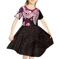 Monstera Plumeria Flowers Pink Kid Short Sleeve Dress Polynesian Pattern
