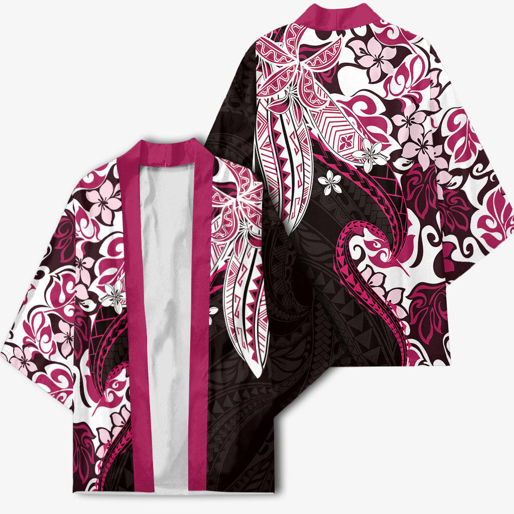 Monstera Plumeria Flowers Pink Kimono Polynesian Pattern