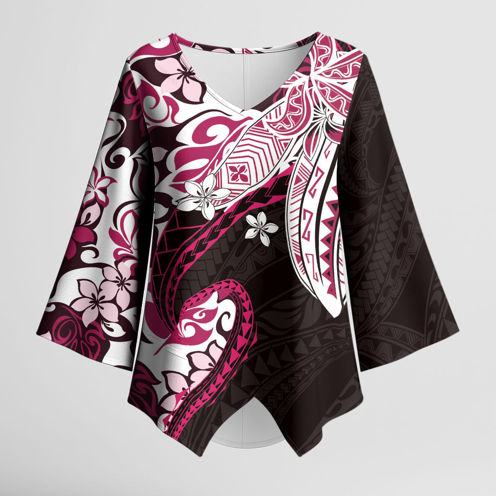 Monstera Plumeria Flowers Pink Kimono Sleeve Blouse Polynesian Pattern