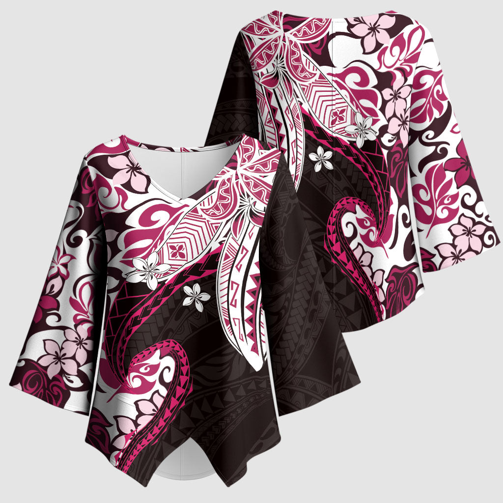 Monstera Plumeria Flowers Pink Kimono Sleeve Blouse Polynesian Pattern