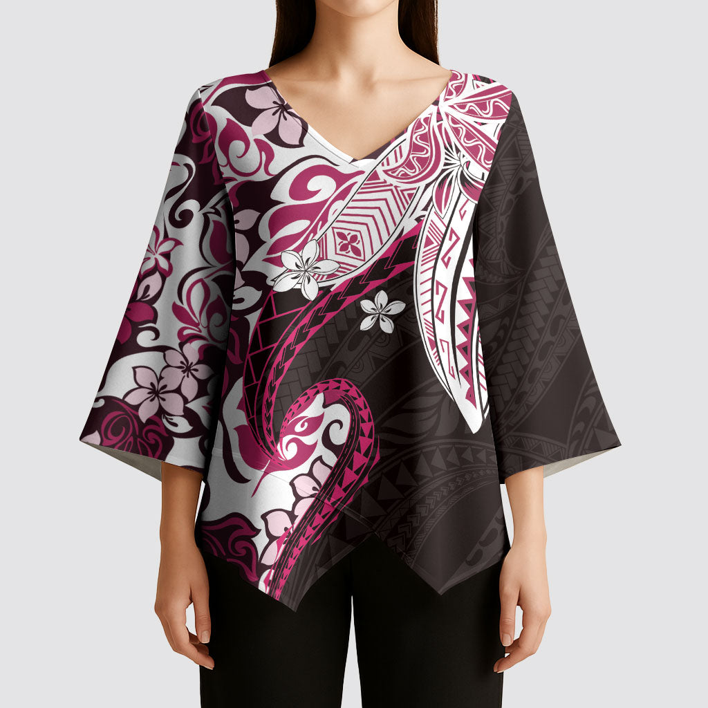 Monstera Plumeria Flowers Pink Kimono Sleeve Blouse Polynesian Pattern