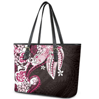 Monstera Plumeria Flowers Pink Leather Tote Bag Polynesian Pattern