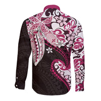 Monstera Plumeria Flowers Pink Long Sleeve Button Shirt Polynesian Pattern