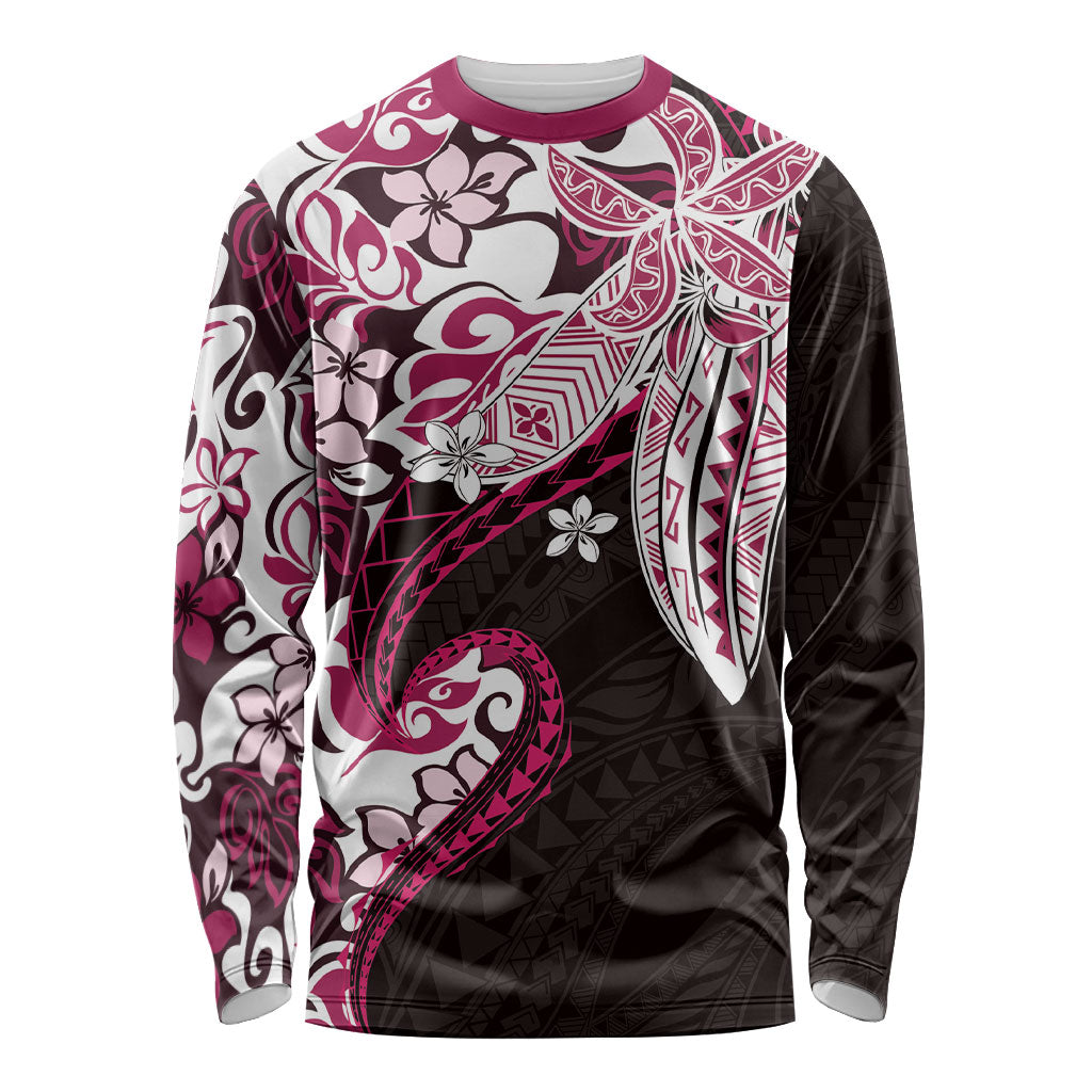 Monstera Plumeria Flowers Pink Long Sleeve Shirt Polynesian Pattern