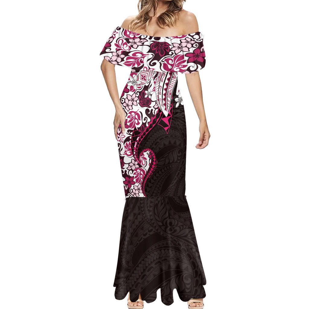 Monstera Plumeria Flowers Pink Mermaid Dress Polynesian Pattern