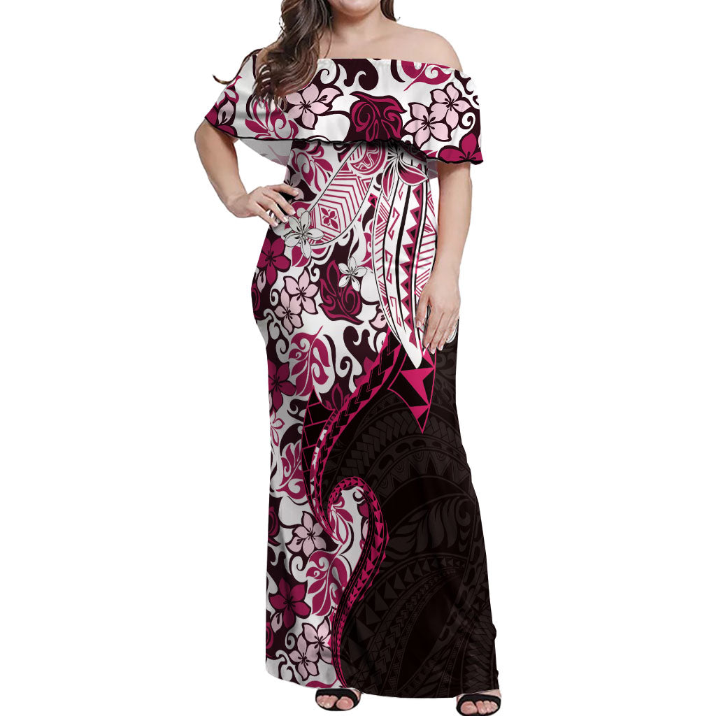 Monstera Plumeria Flowers Pink Off Shoulder Maxi Dress Polynesian Pattern LT01 Women Pink - Polynesian Pride