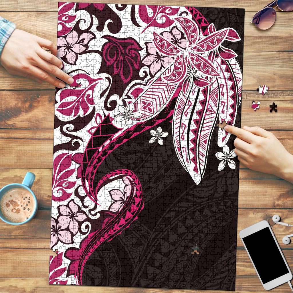 Monstera Plumeria Flowers Pink Puzzle Polynesian Pattern