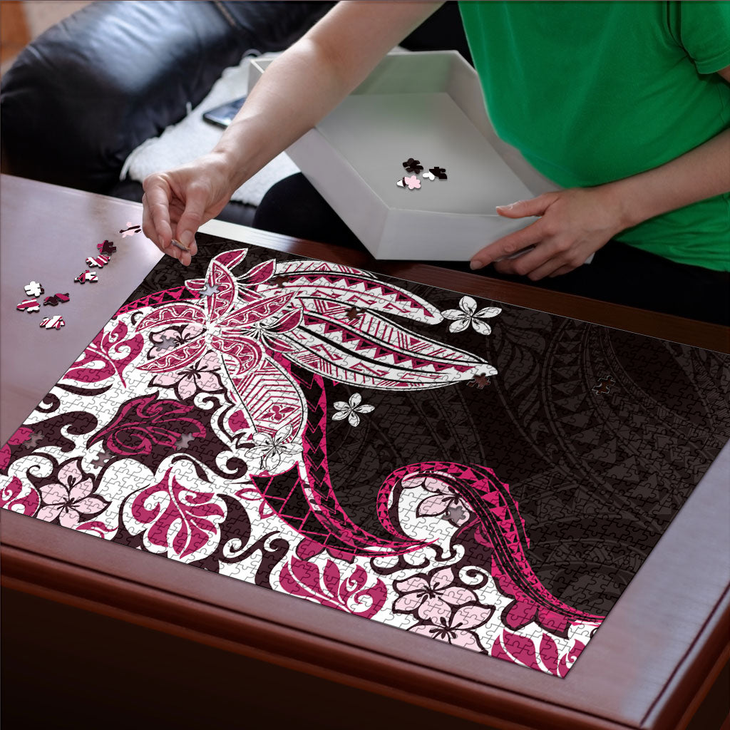 Monstera Plumeria Flowers Pink Puzzle Polynesian Pattern
