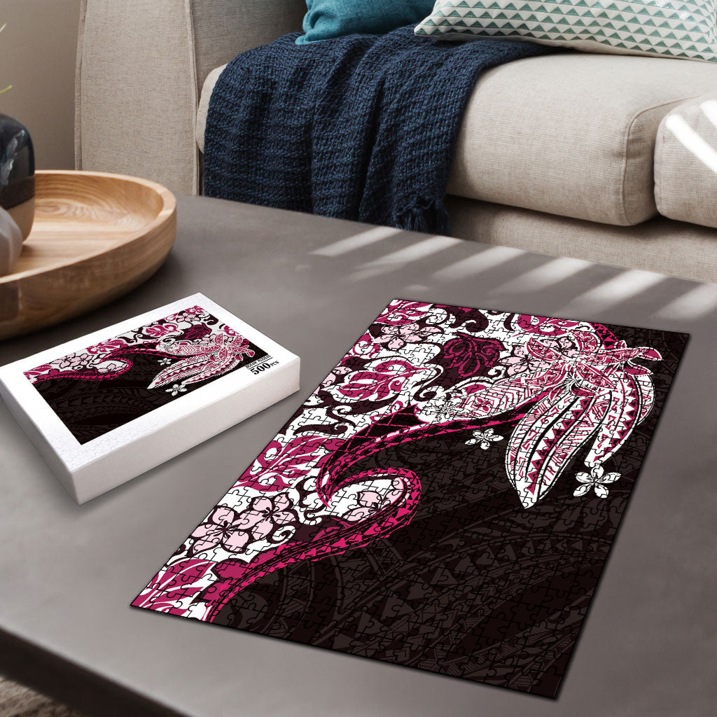 Monstera Plumeria Flowers Pink Puzzle Polynesian Pattern