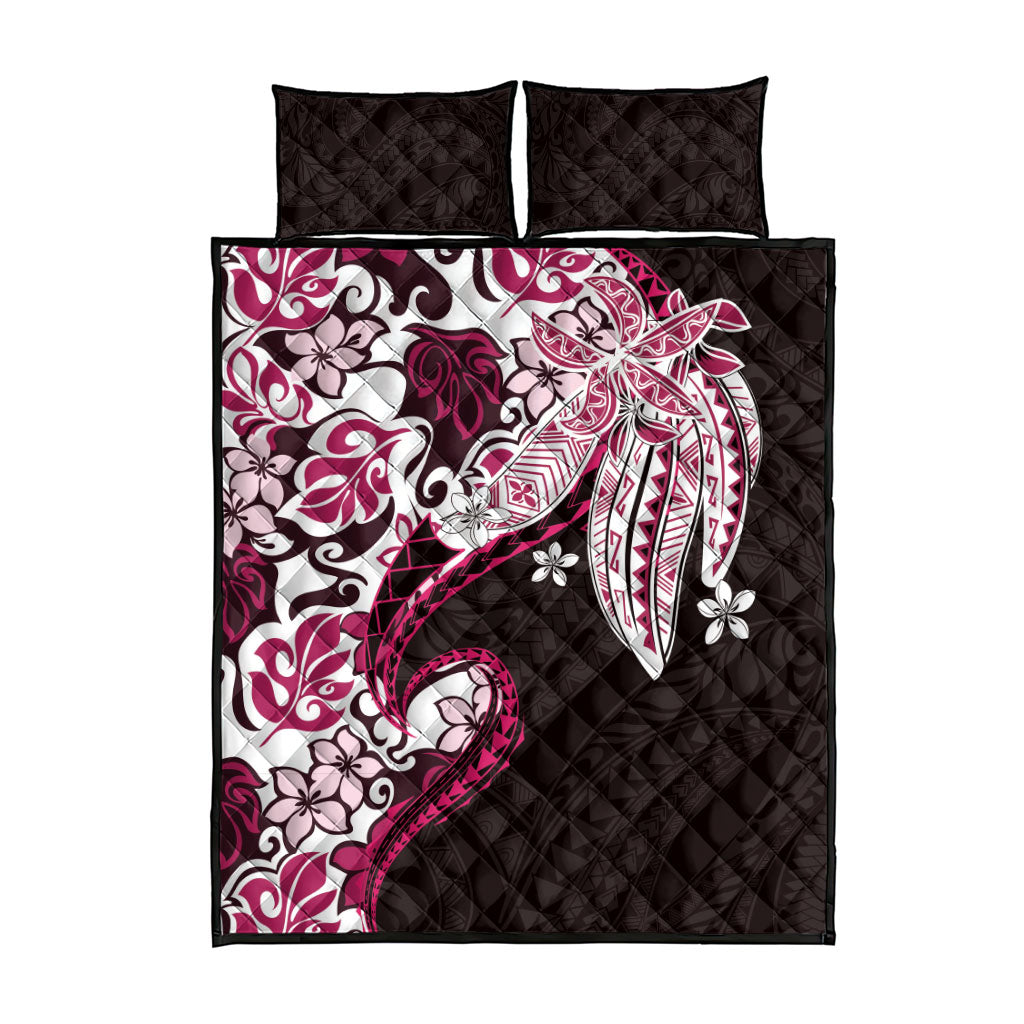 Monstera Plumeria Flowers Pink Quilt Bed Set Polynesian Pattern
