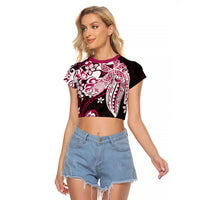 Monstera Plumeria Flowers Pink Raglan Cropped T Shirt Polynesian Pattern LT01 Female Pink - Polynesian Pride