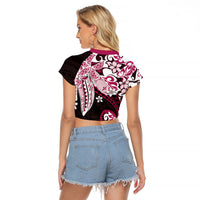 Monstera Plumeria Flowers Pink Raglan Cropped T Shirt Polynesian Pattern LT01 - Polynesian Pride
