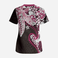 Monstera Plumeria Flowers Pink Scrub Top Polynesian Pattern
