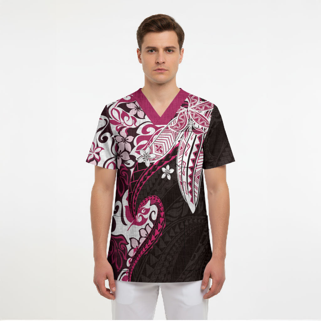 Monstera Plumeria Flowers Pink Scrub Top Polynesian Pattern