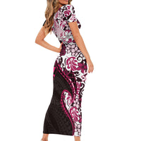 Monstera Plumeria Flowers Pink Short Sleeve Bodycon Dress Polynesian Pattern