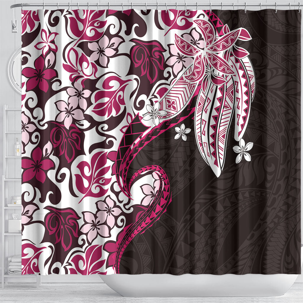 Monstera Plumeria Flowers Pink Shower Curtain Polynesian Pattern
