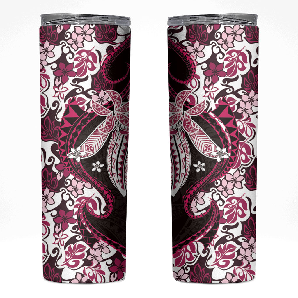 Monstera Plumeria Flowers Pink Skinny Tumbler Polynesian Pattern
