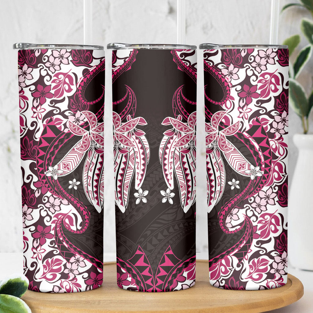 Monstera Plumeria Flowers Pink Skinny Tumbler Polynesian Pattern