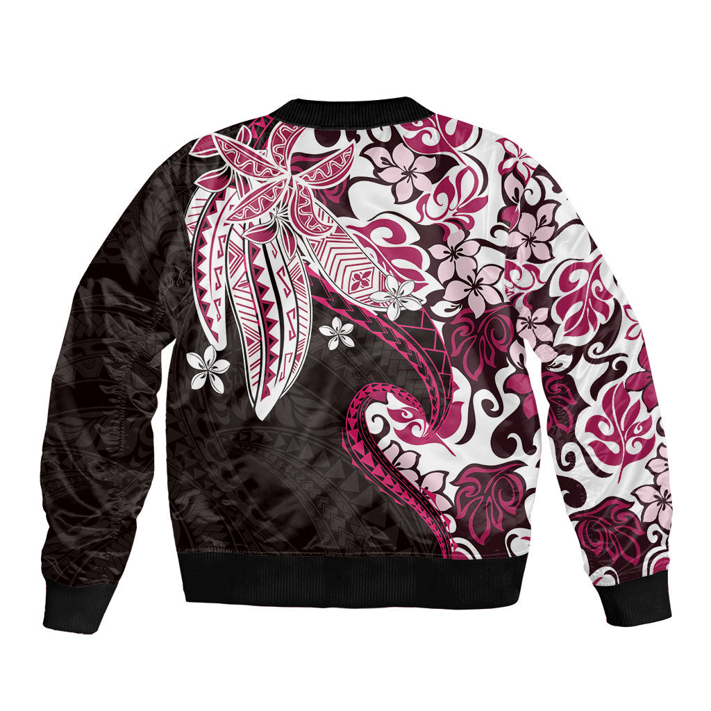 Monstera Plumeria Flowers Pink Sleeve Zip Bomber Jacket Polynesian Pattern