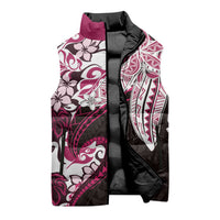 Monstera Plumeria Flowers Pink Sleeveless Puffer Jacket Polynesian Pattern
